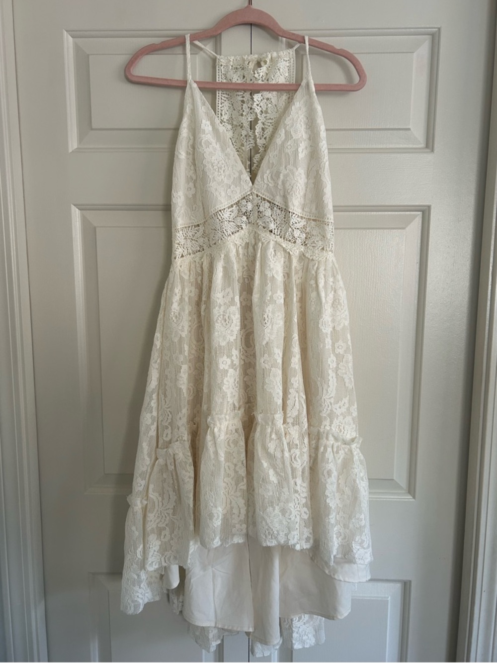Joyfolie Ivory Lace High-Low Spaghetti Strap Dress